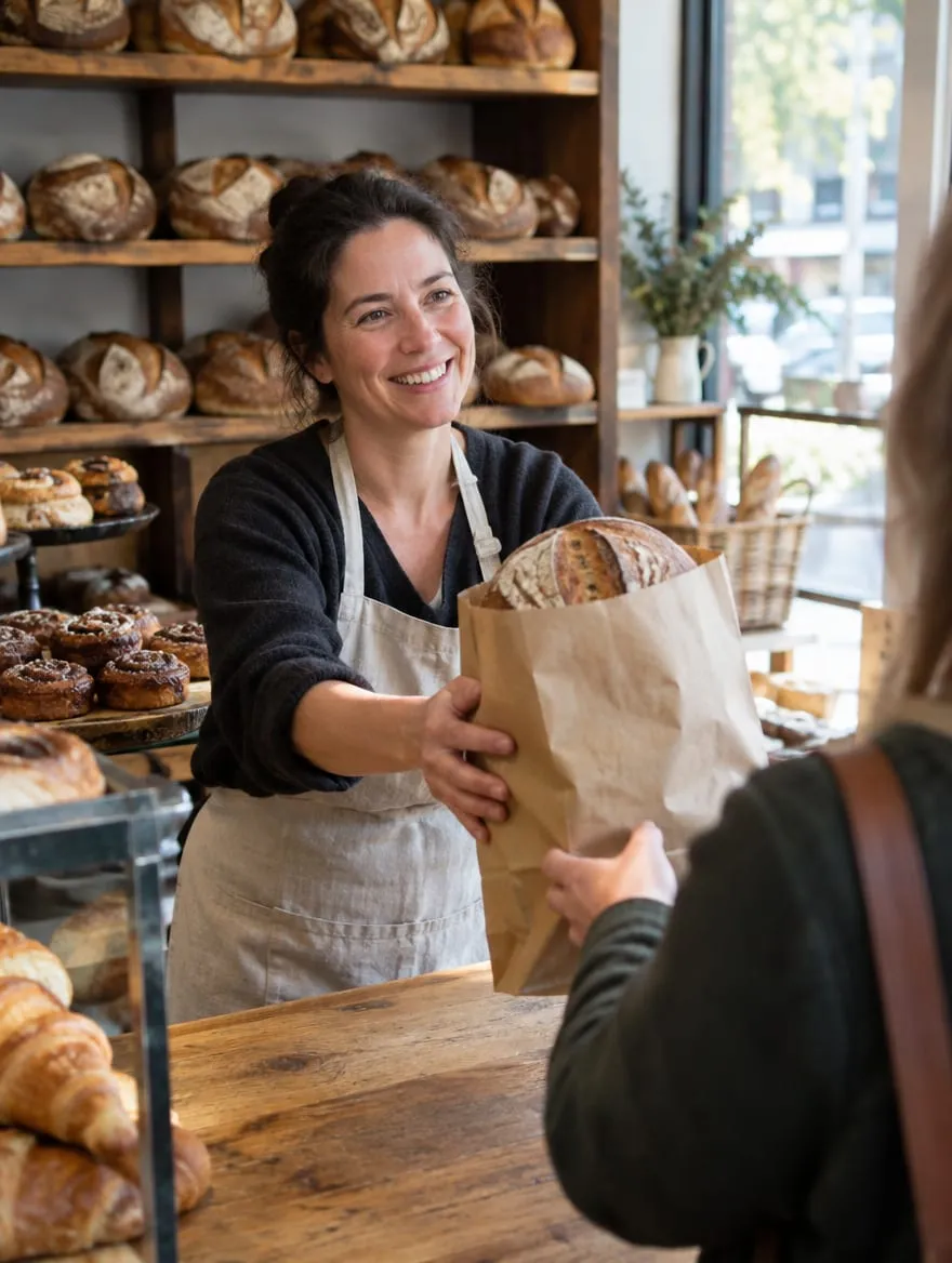 Owner of a fictional neighborhood bakery handing a bag of bread to a customer