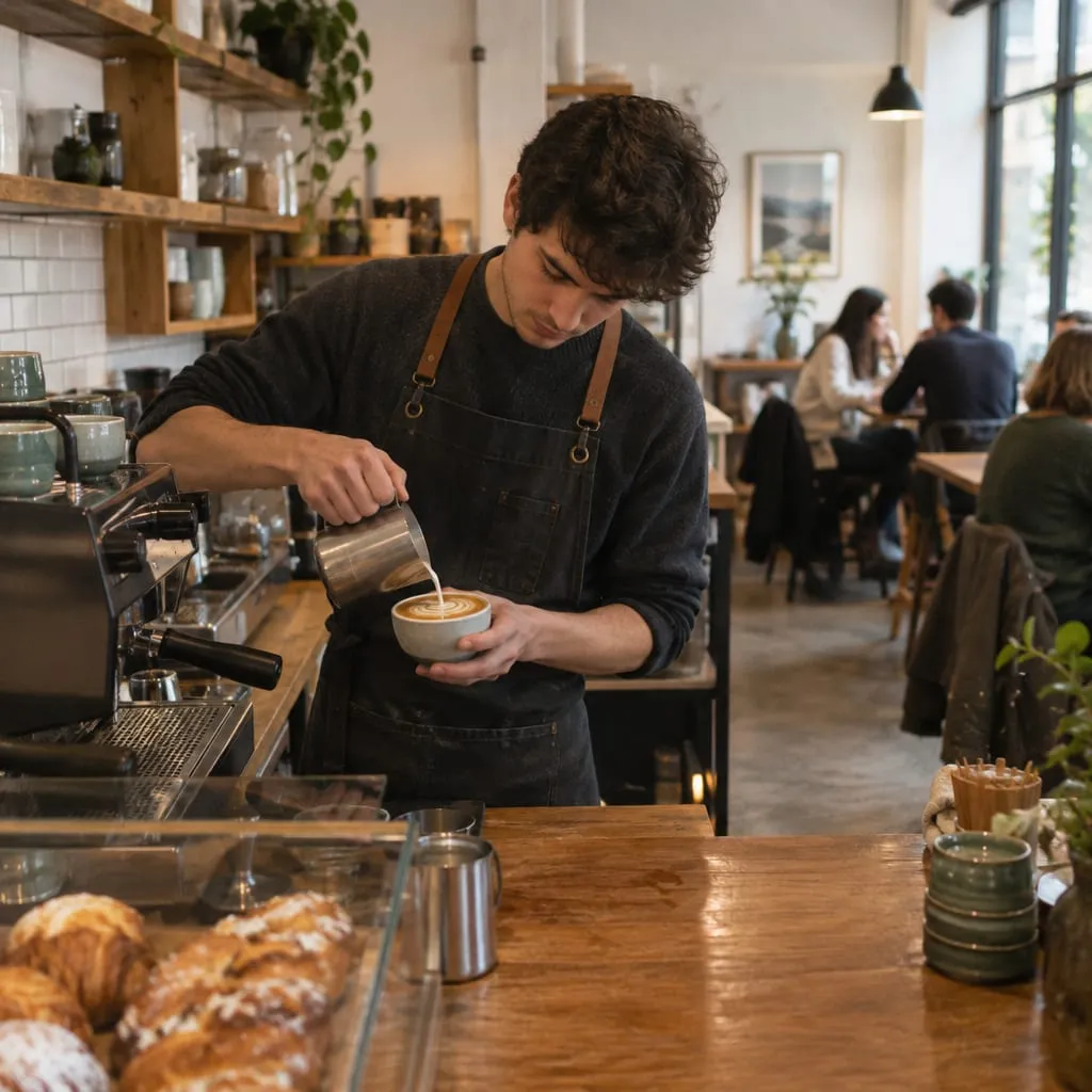 Barista pouring latte art in a fictional coffee shop